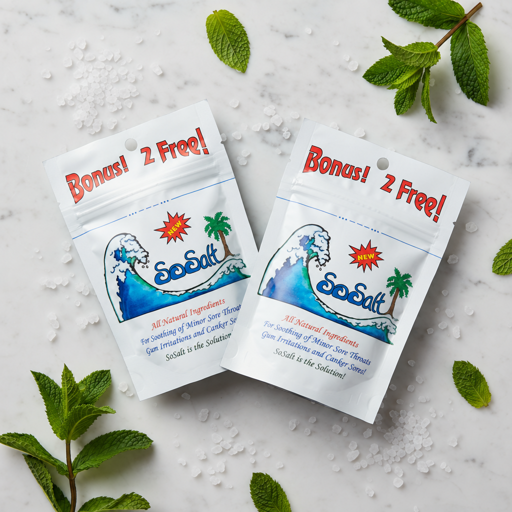 Two SoSalt packages overlapping with mint leaves and salt, no promo overlay text