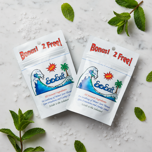Two SoSalt packages overlapping with mint leaves and salt, no promo overlay text